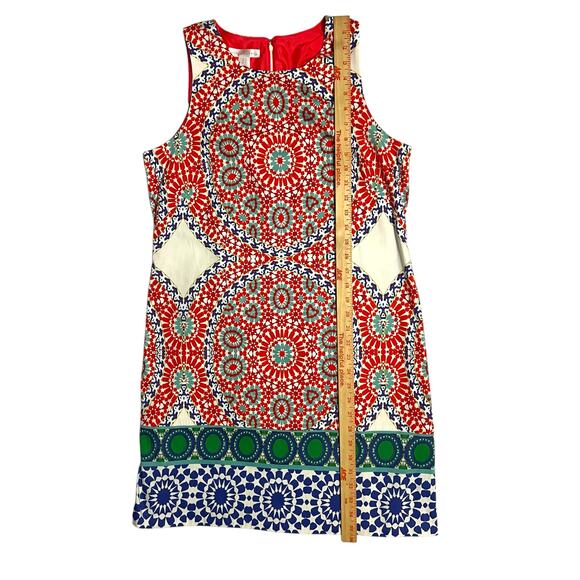 London Times Sleeveless Shift Dress Size 14 Kaleidoscope Design Print Red Blue - Picture 8 of 10